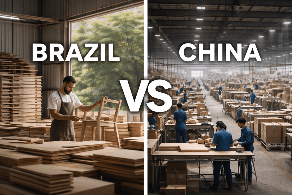 Brazil vs China furniture manufacturing comparison showing Brazilian woodworking production and large-scale Chinese furniture factory assembly lines.