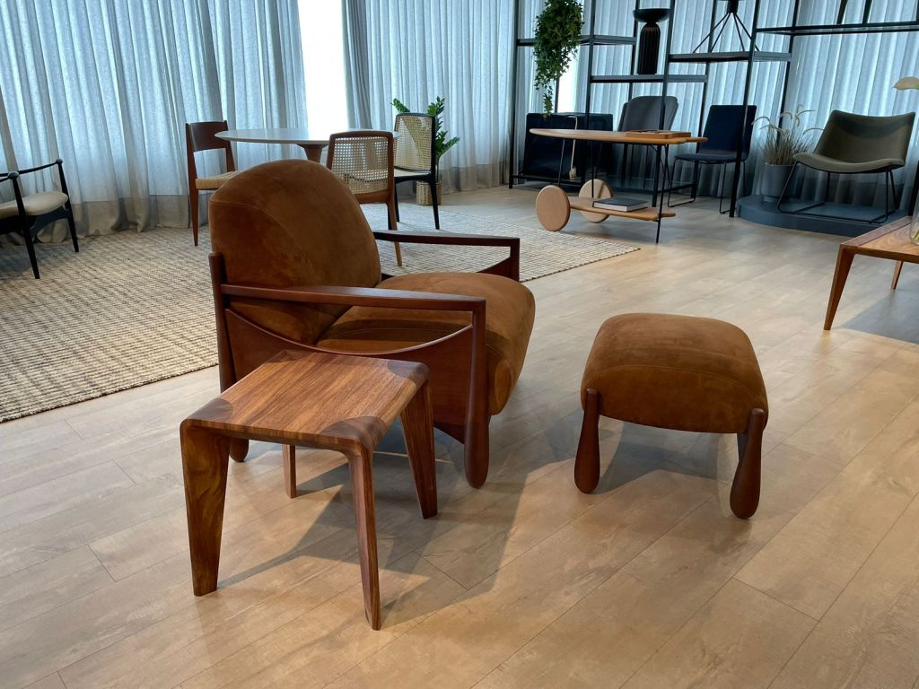 Assembled wooden armchair, ottoman and side table produced in Brazil
